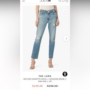Joe’s Brand Jeans, The Lara/ Mid Rise/ Cigarette Ankle/ Raw Hem, size 26